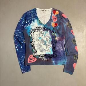 Y2K Vertigo Paris Silk Sweater AOP Sequined Maximalist Cherub Embellished VTG